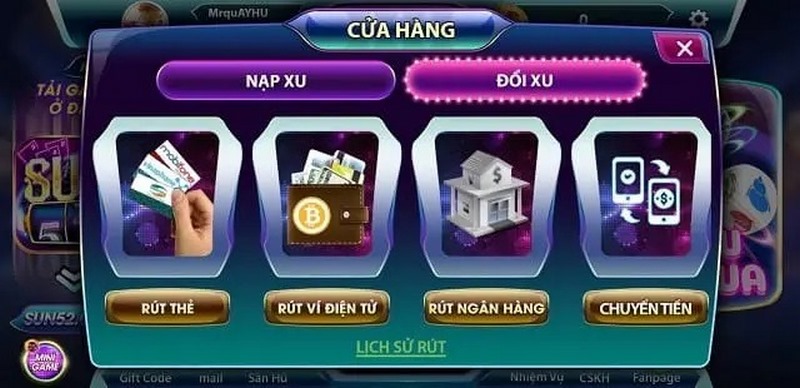 Hướng dẫn các thao tác rút tiền Sun52 đơn giản nhất